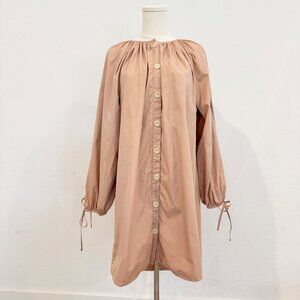 J. Crew Poplin‎ Cotton Tie Balloon Sleeve Button Front Dress Pink Tan Size Large